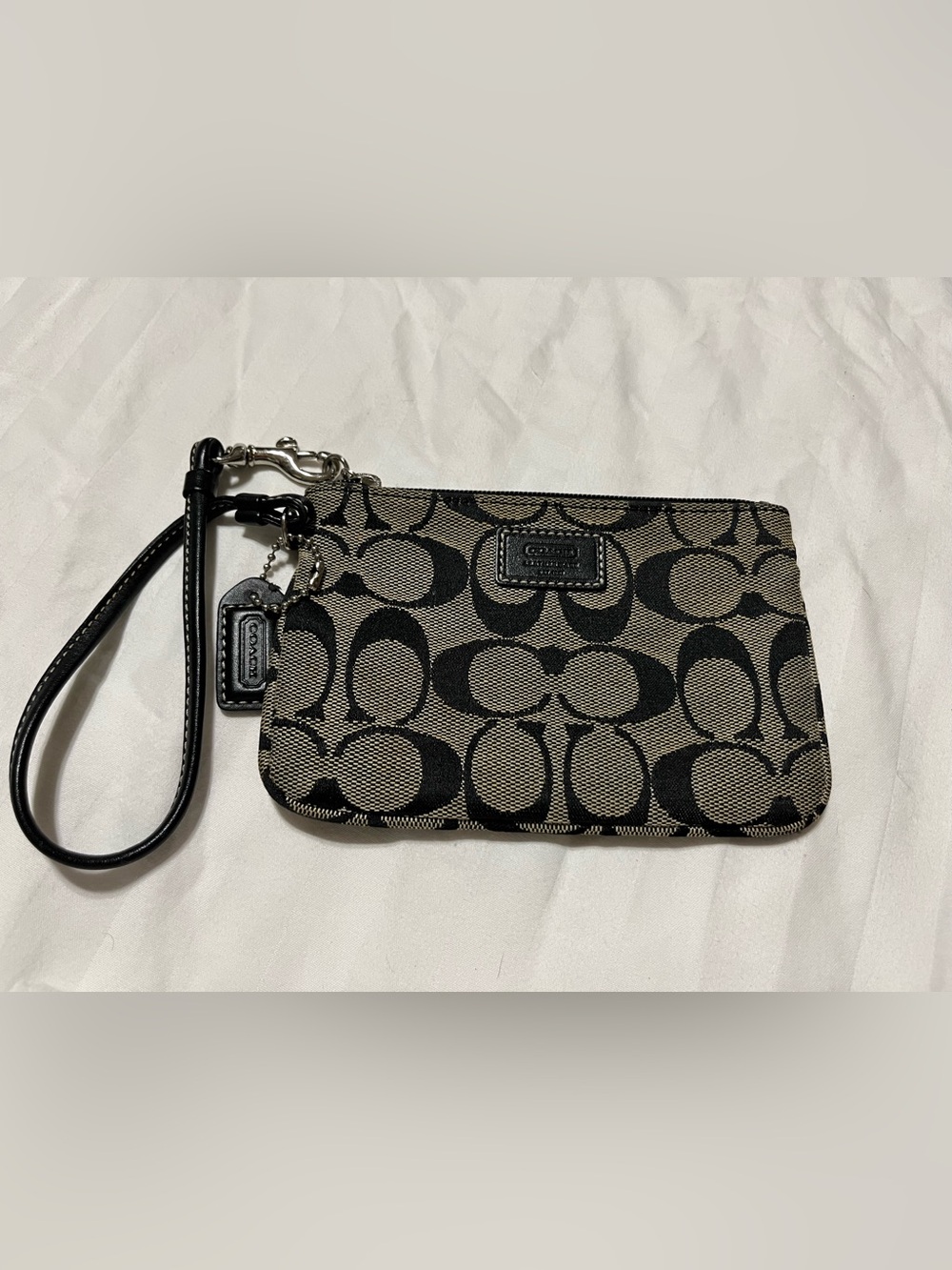 Coach Black & Tan Signature Canvas Wristlet with Leather Strap